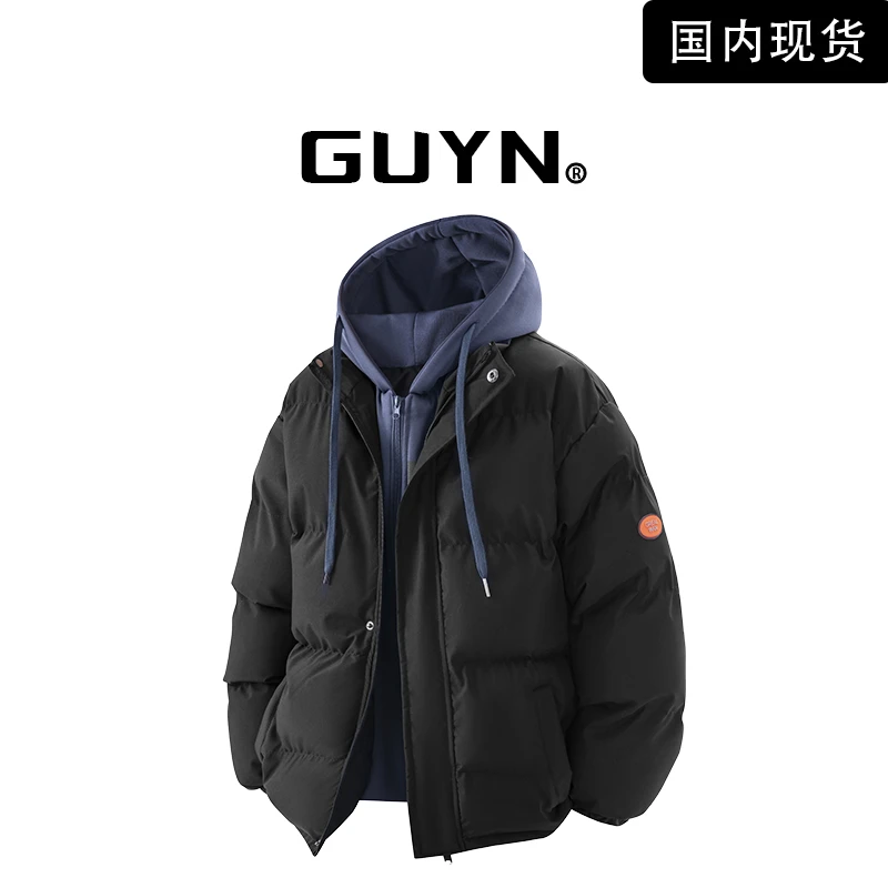 【品牌现货】GUYN连帽棉服男款冬季假两件潮牌加厚保暖冬天棉袄外套