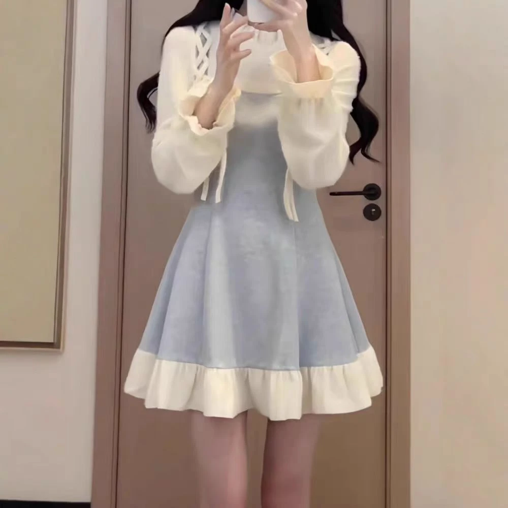 小个子甜美春季收腰显瘦小众设计感撞色拼接假两件套连衣裙女1723