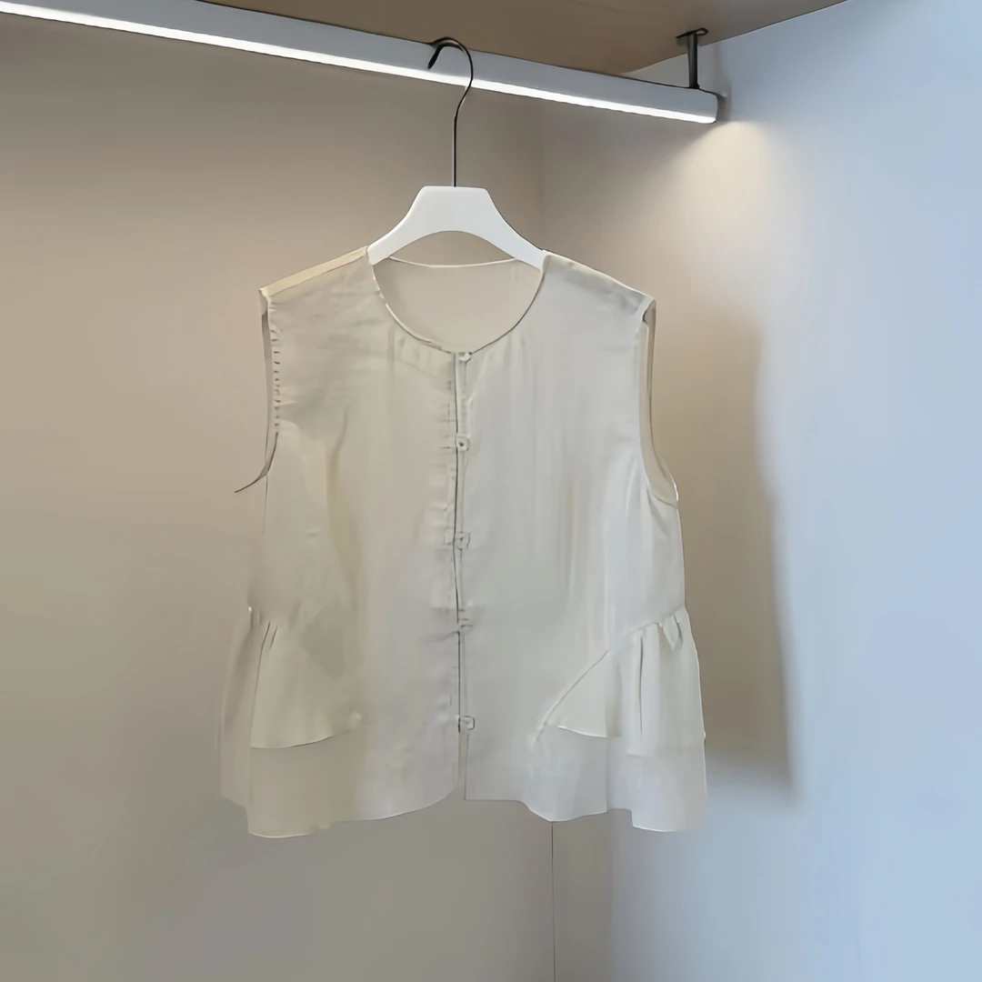 夏季白色单品扣荷叶边无袖小衫时尚气质女设计感洋气通勤上衣女潮