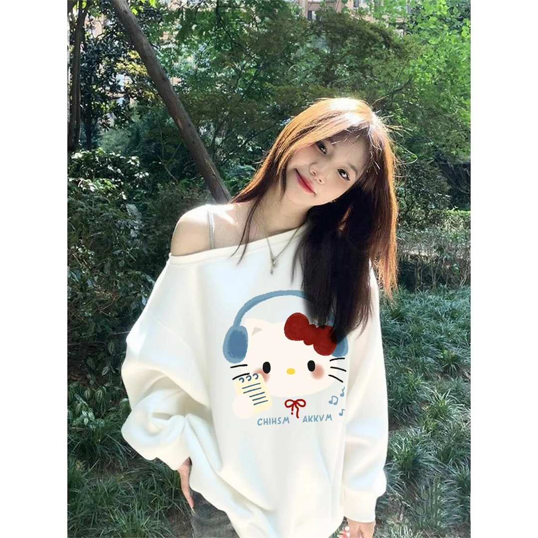 纯棉白色kitty猫印花露肩卫衣女秋冬加绒薄款百搭宽松设计感上衣