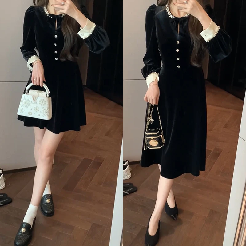 【mimius】游鹿鹿 赫本风钻领黑色丝绒连衣裙千金感小礼裙 F11136