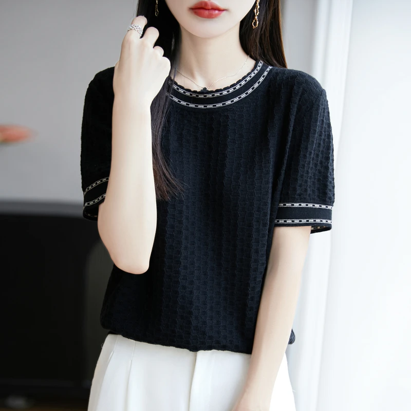 夏季新款简约时尚百搭虚线领小六边形短袖