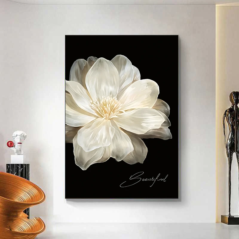 【白色山茶花】砂岩肌理沙发背景墙客厅自然美景现代装饰挂画