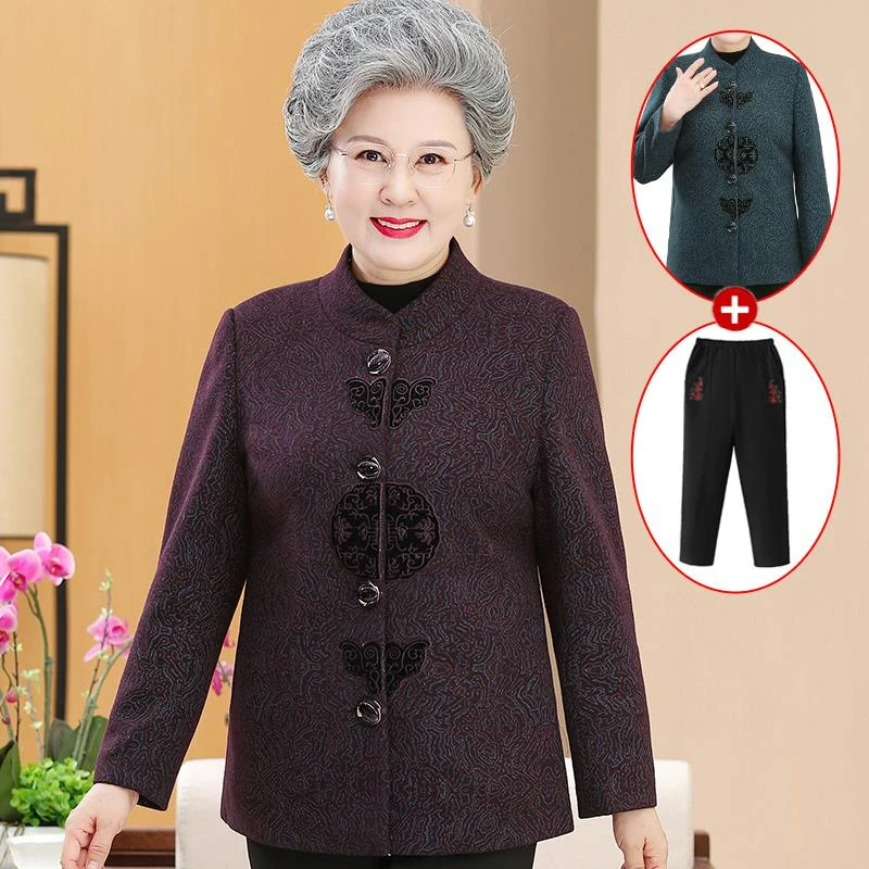 奶奶春秋唐装外套中老年人女妈妈装秋冬加绒老人老太太衣服立领宽