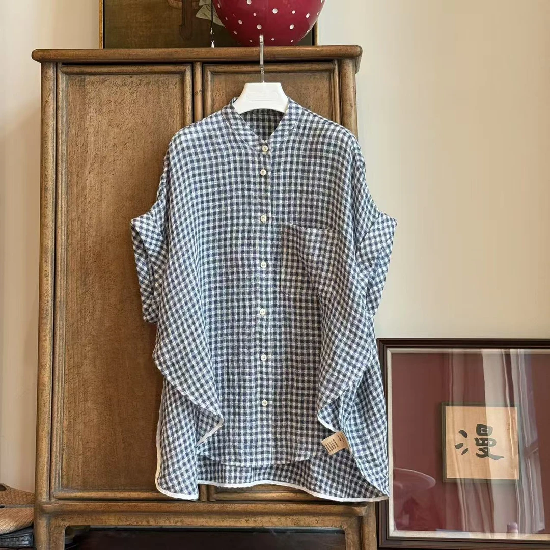 MYL 2025夏季新品亚麻靓蓝格子衬衫小立领落肩袖单排扣宽松上衣