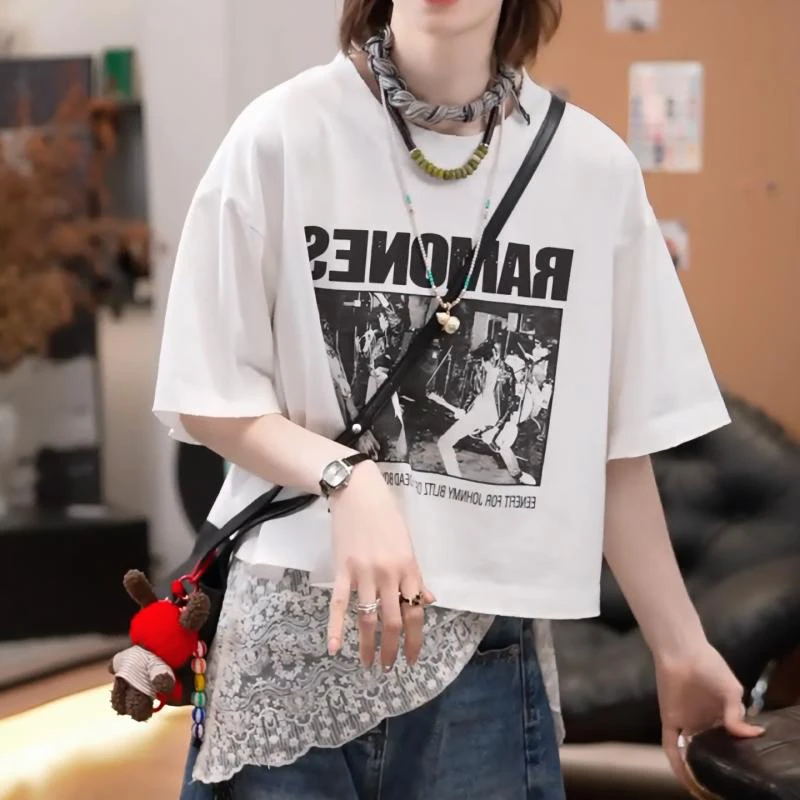 2025夏季新款韩版时尚图案印花圆领短袖T恤女宽松显瘦短款上衣ins