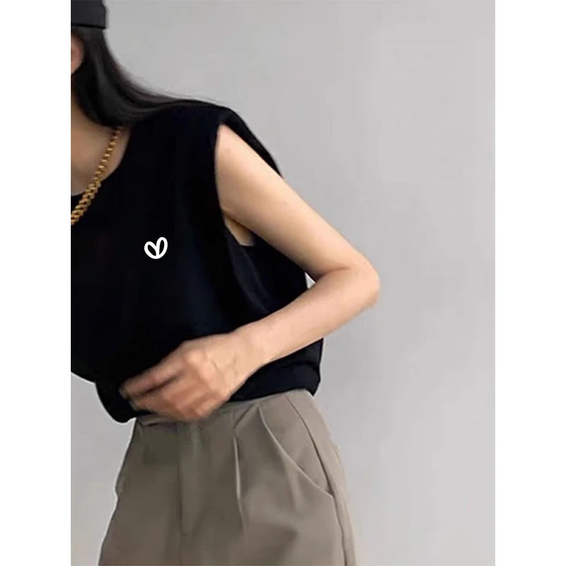 2025新款正肩无袖背心简约t恤女设计感小众韩版时尚黑色上衣夏季