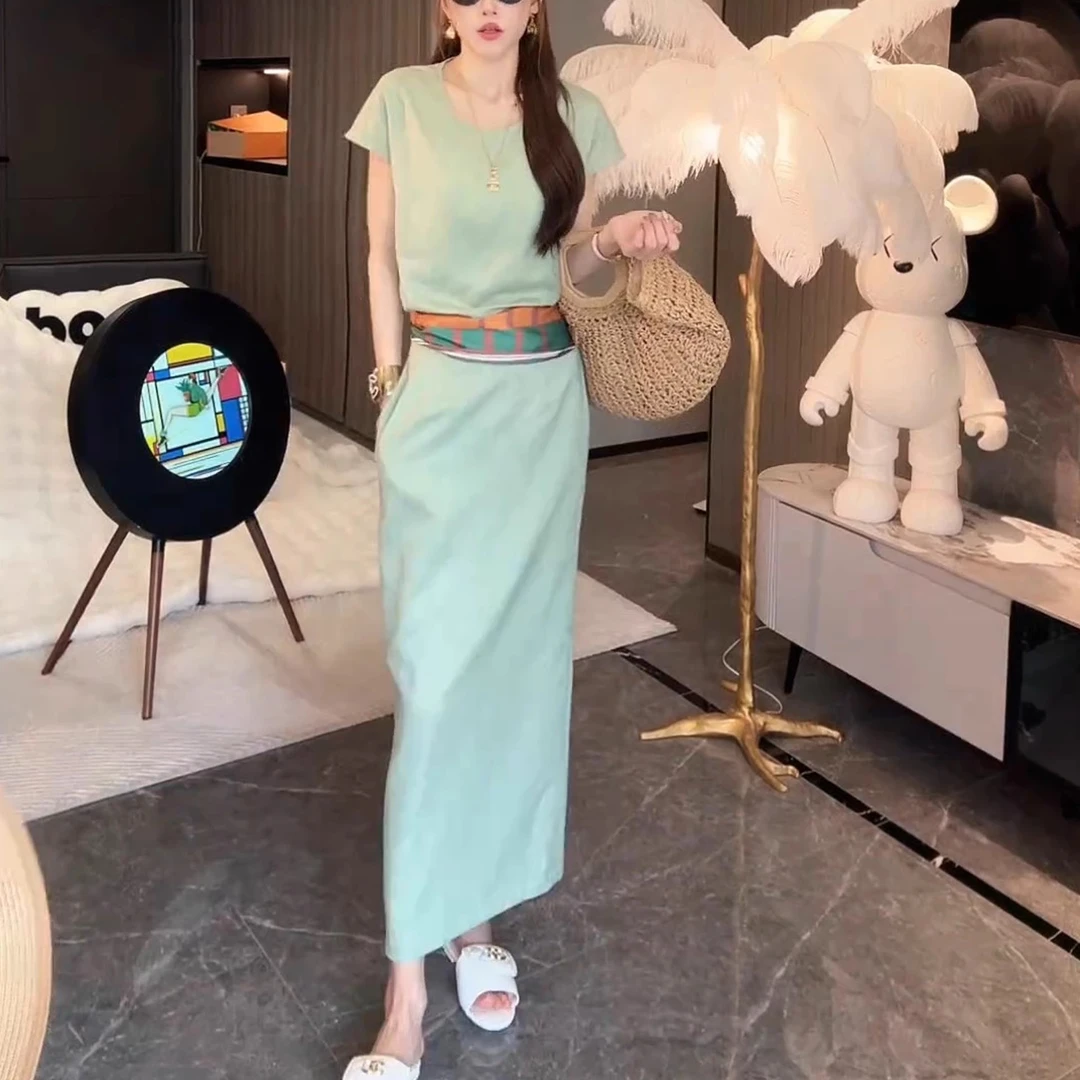 时尚韩系休闲套装裙女夏季新款日常通勤百搭纯色上衣半身裙两件套