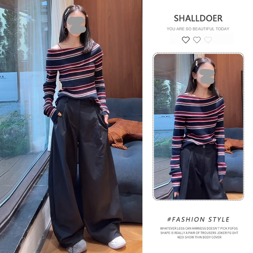 网红洋气炸街套装女2025春秋新款条纹露肩针织衫长袖阔腿裤两件套