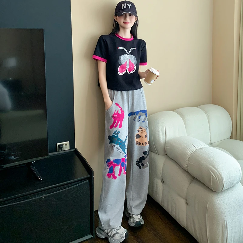 2025夏俏皮可爱休闲运动套装女活泼减龄显瘦短袖T恤阔腿裤两件套