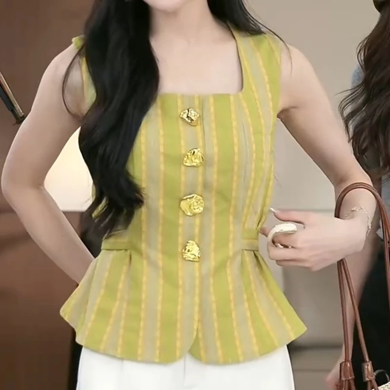 【慕夏青野】夏季新款老钱风时尚气质显瘦条纹无袖上衣LK2504931
