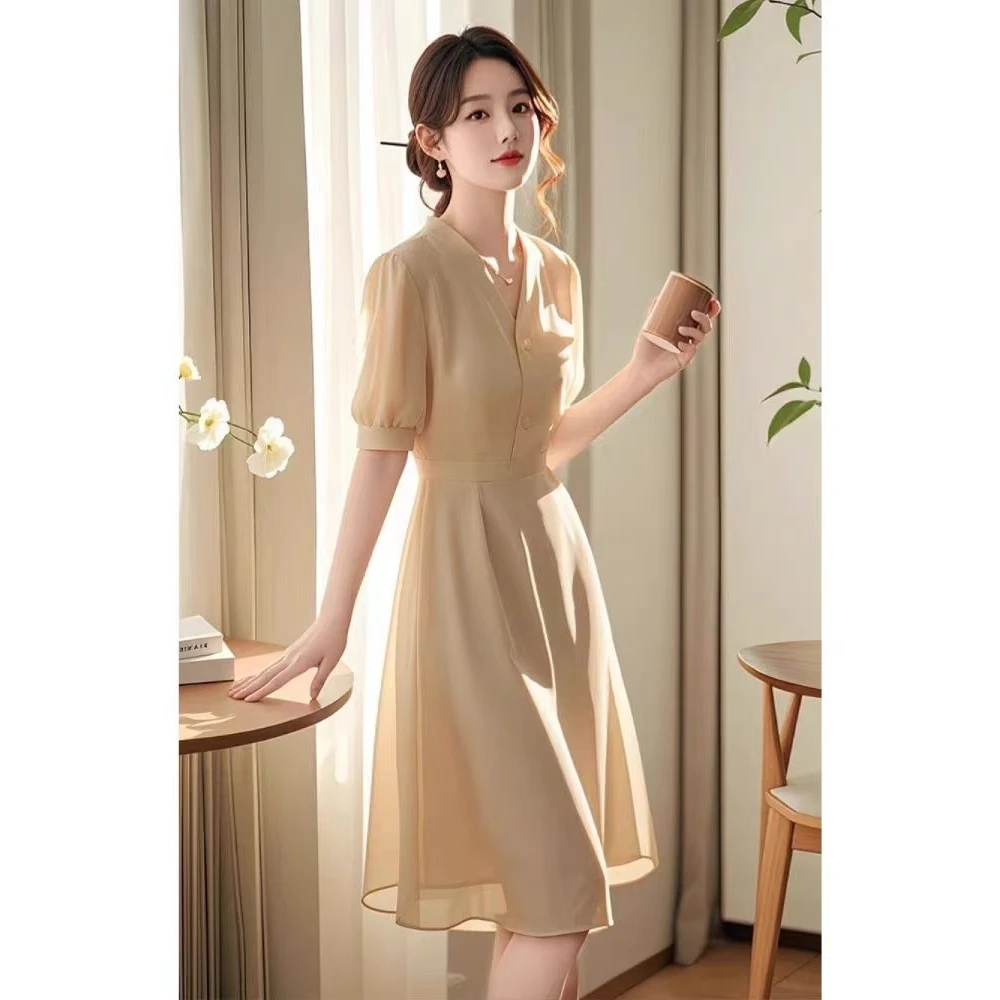 可甜可盐高端精致超好看初恋系气质绝美纯色雪纺仙气连衣裙子女夏