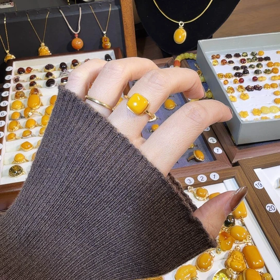 蜜蜡银S925镀金镶嵌戒指蜜蜡戒指