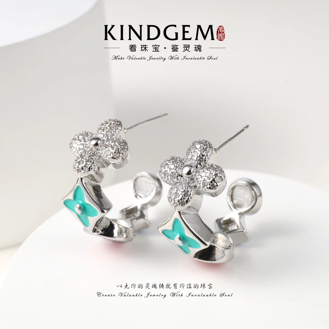 铜合金珐琅耳饰 KindGem 四叶草精致时尚百搭半圈耳环 C-41869