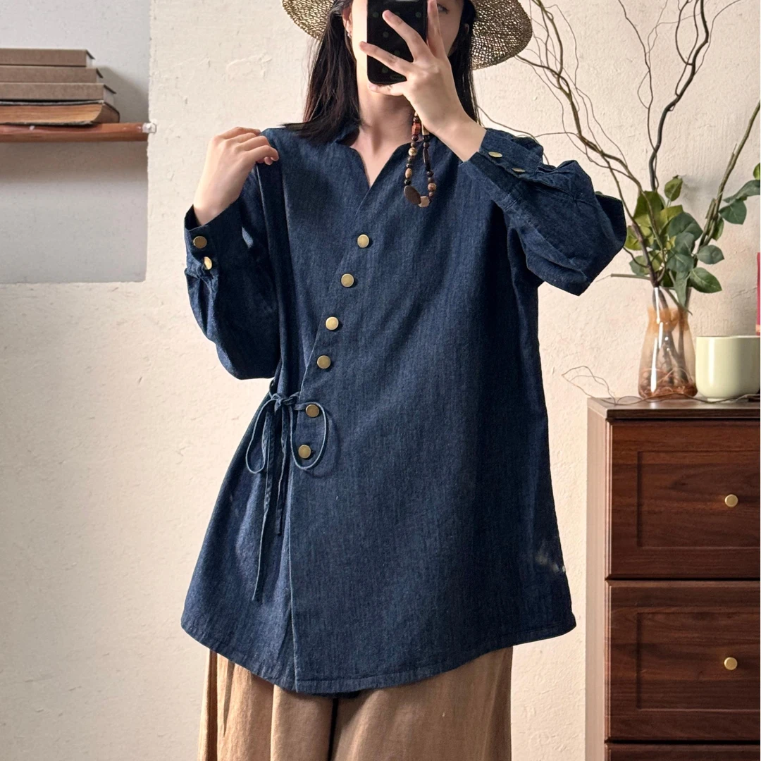 走读生原创春季文艺复古牛仔立领斜襟系带衬衫女上衣