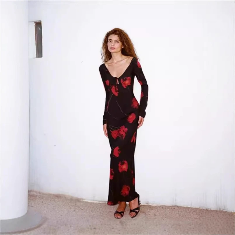 连衣裙黑色碎花长袖斜裁真丝长裙春秋连衣裙