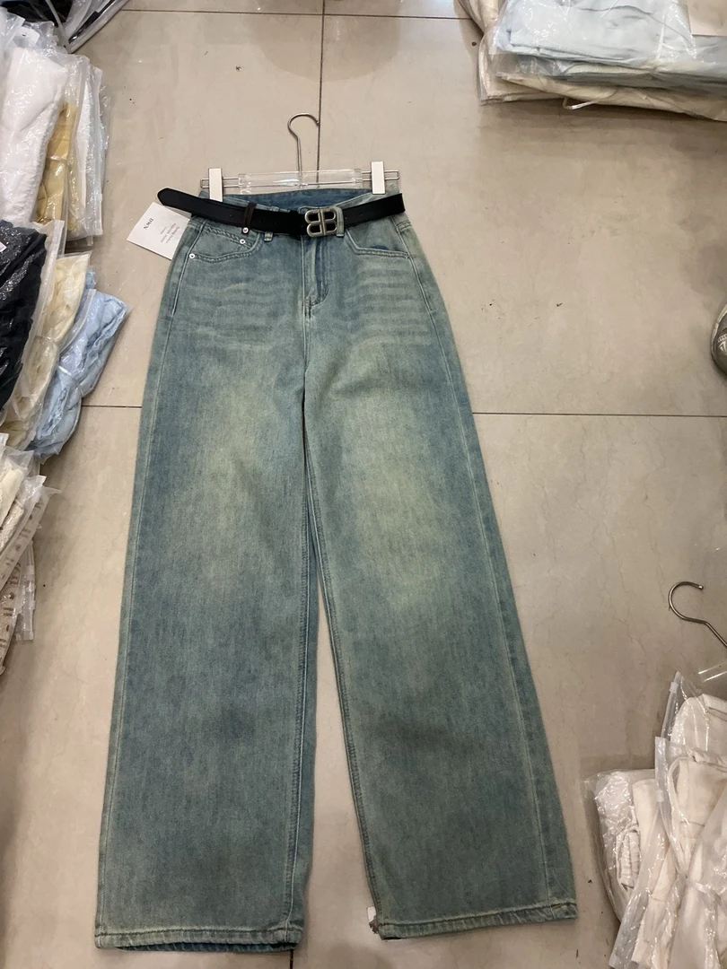 复古浅色女款阔腿牛仔裤高腰显瘦垂感直筒拖地裤