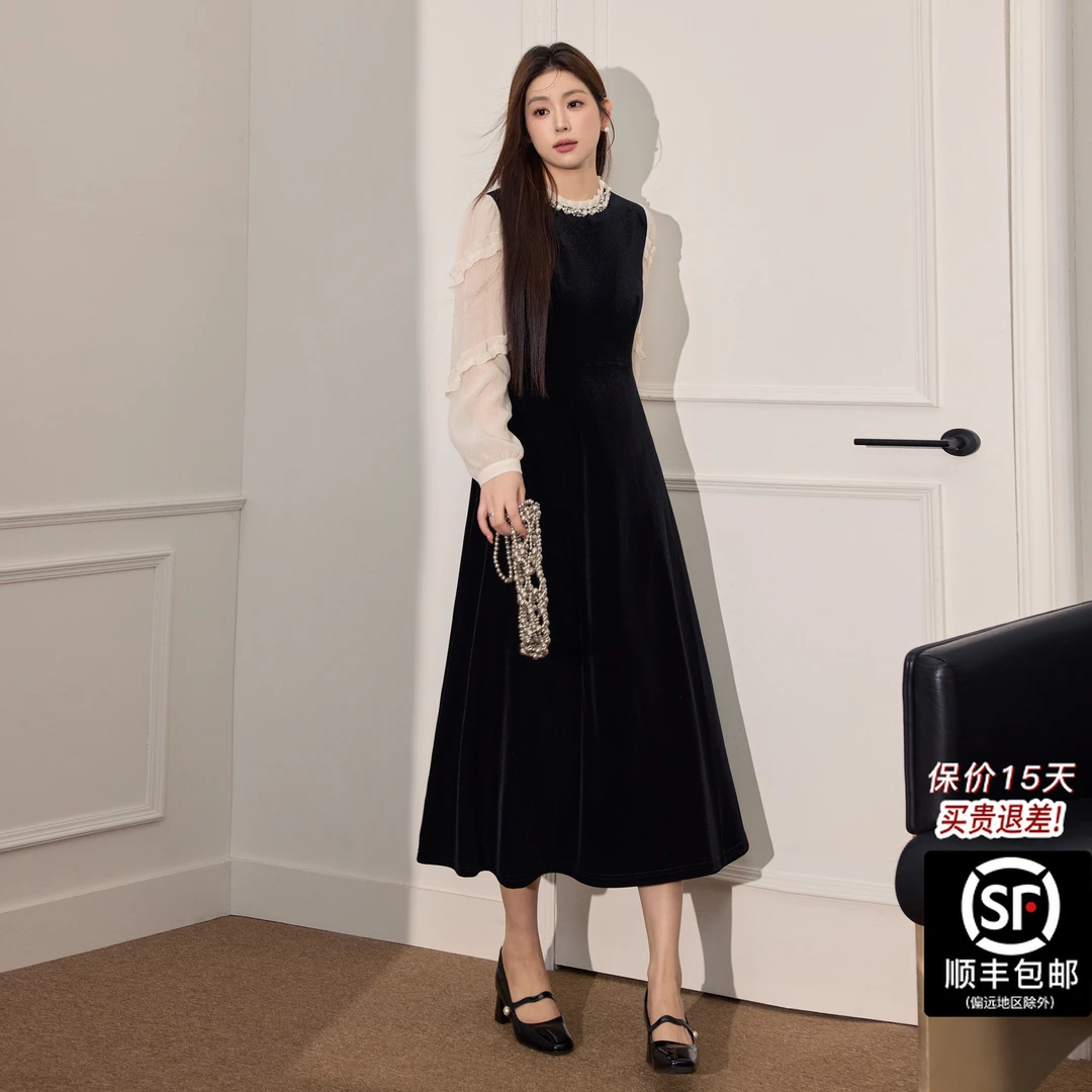 蓝语大码女装冬季千金穿搭气质假两件丝绒连衣裙收腰显瘦打底长裙