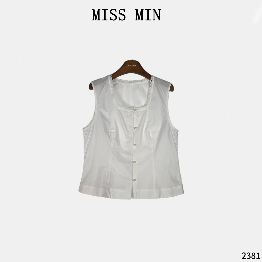 MISS MIN【柔昕】方领蕾丝花边无袖网红洋气炸街女减龄显瘦上衣2381