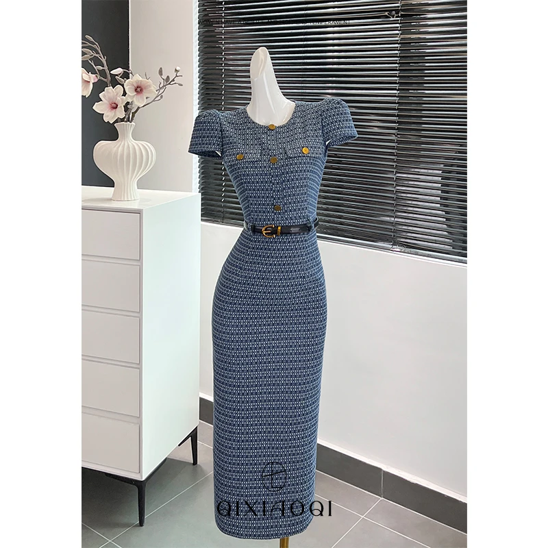 七小七Sicily 蓝色气质牛仔连衣裙女装夏季时尚炸街收腰裙子