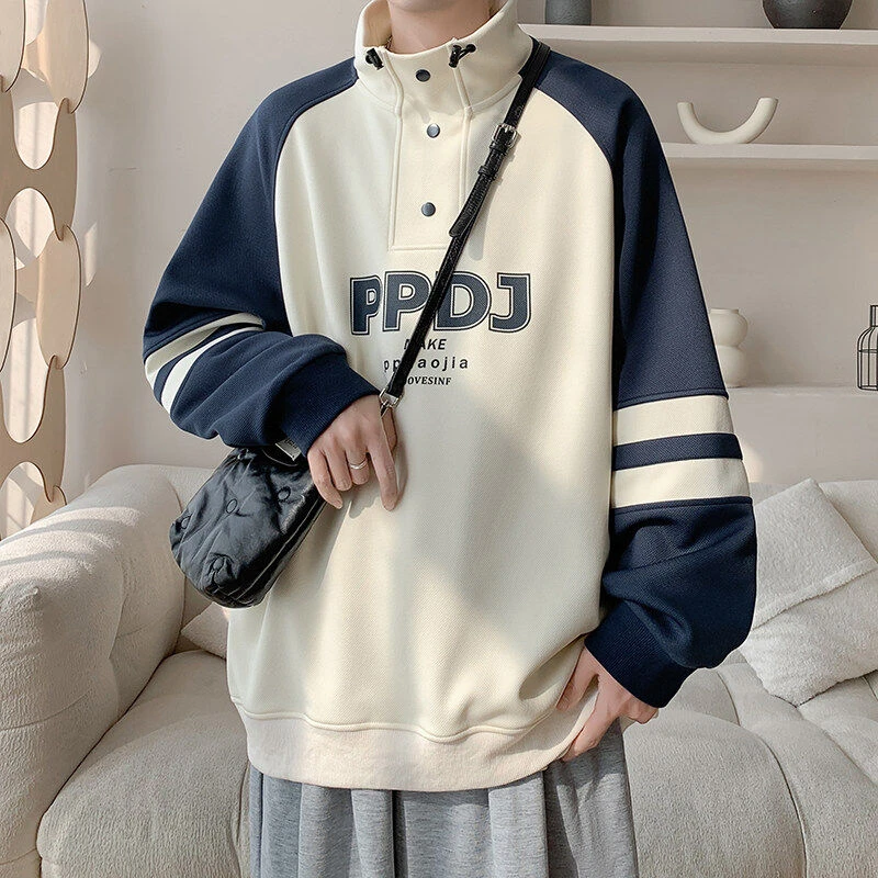 插肩袖印花春秋半高领透气卫衣潮流ins长袖男士秋冬假两件宽松