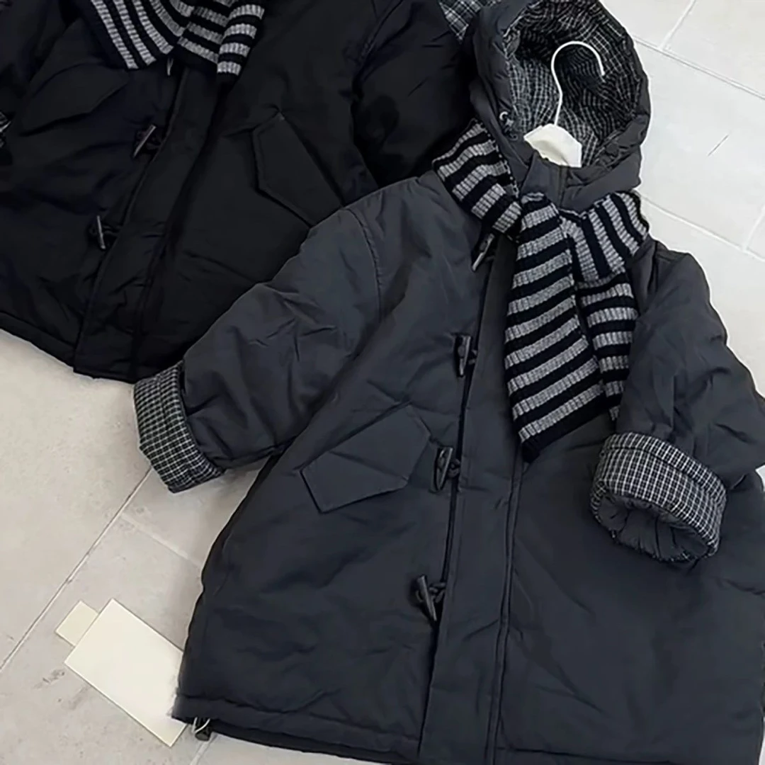2028新款冬季韩系洋气男女童潮款连帽加绒加厚中长款保暖棉服外套