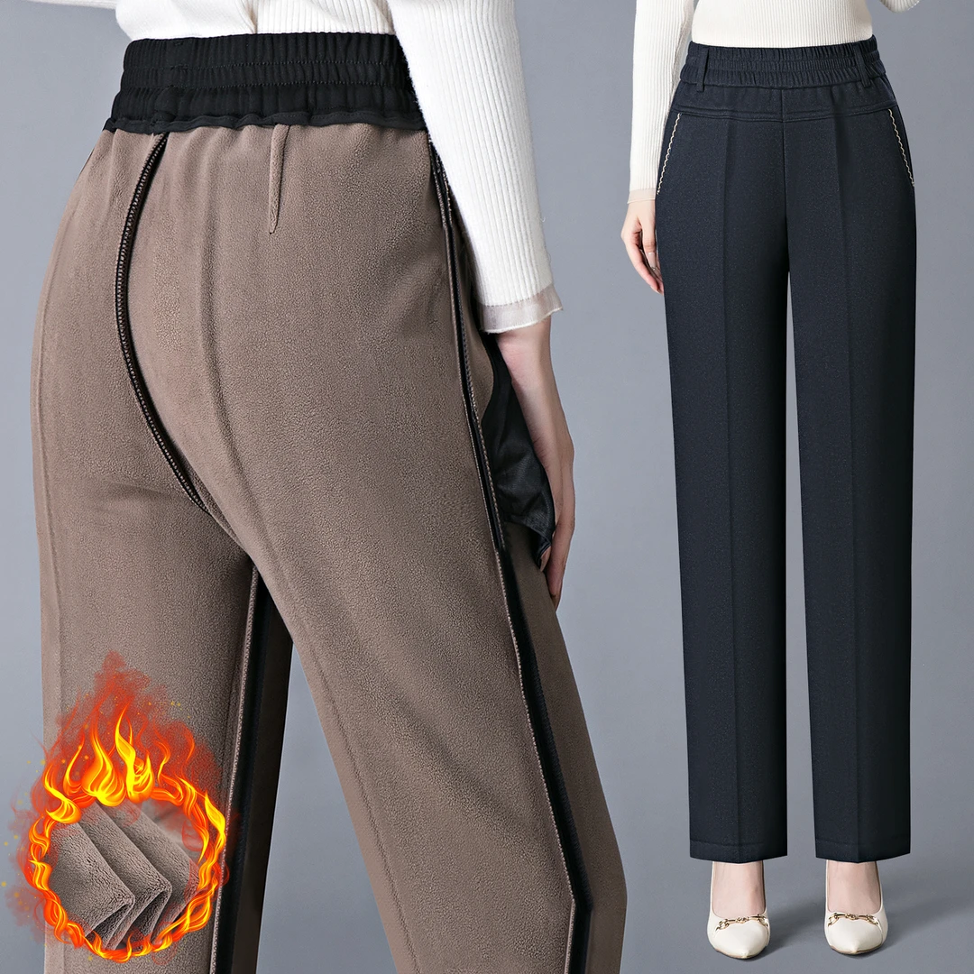 妈妈加绒裤子秋冬新款条纹休闲直筒裤加厚中老年女裤小个子老年人