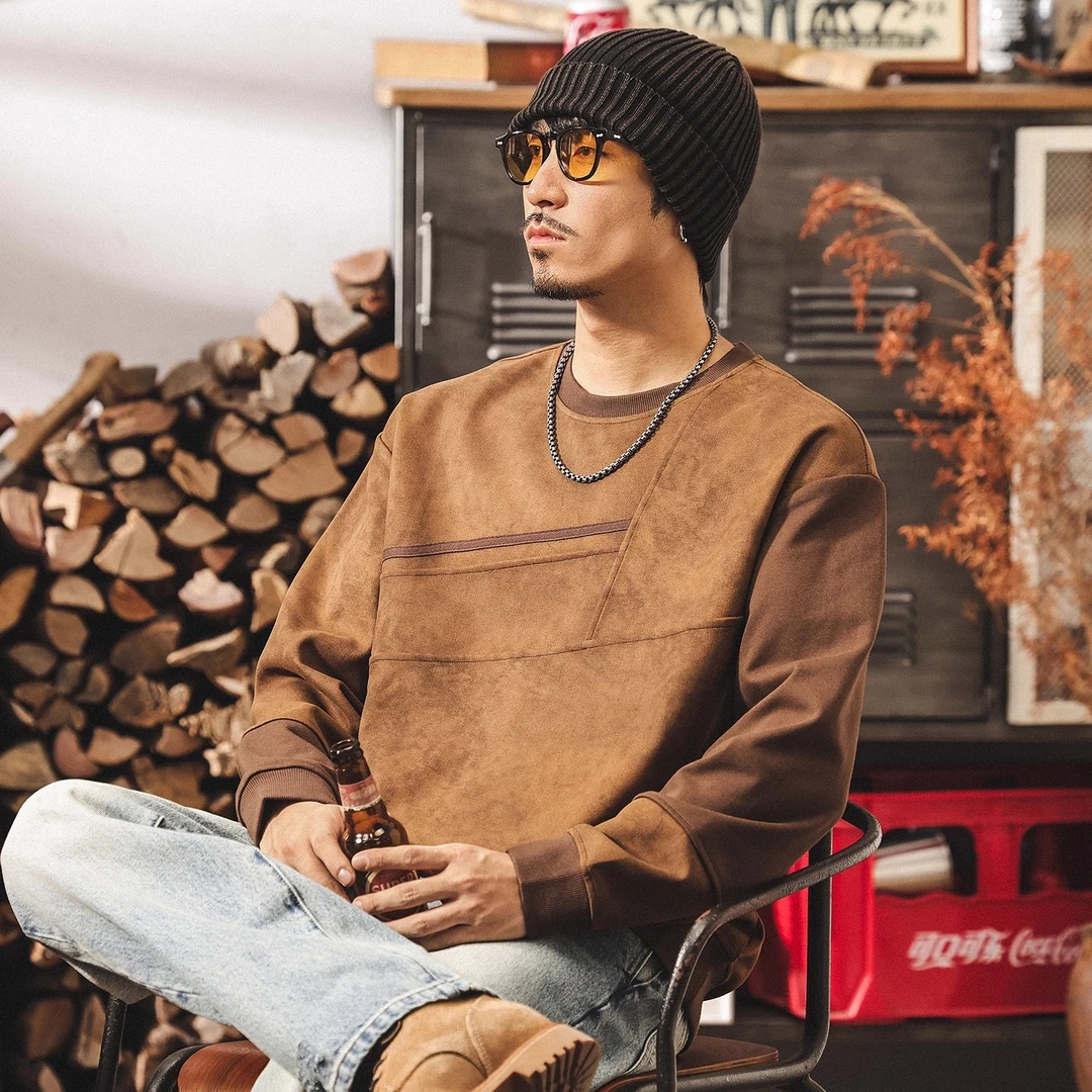 美式复古麂皮绒卫衣男秋冬2025新款潮流设计感大码重磅宽松上衣男