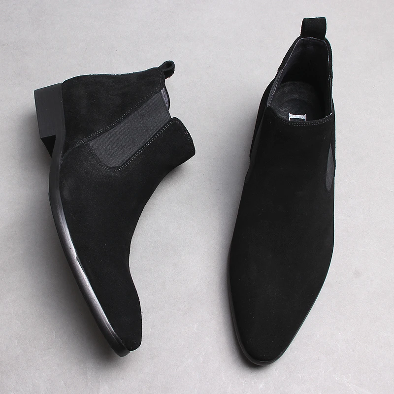 冬季马丁靴男皮靴尖头切尔西靴男英伦加绒高帮磨砂反绒皮保暖男靴