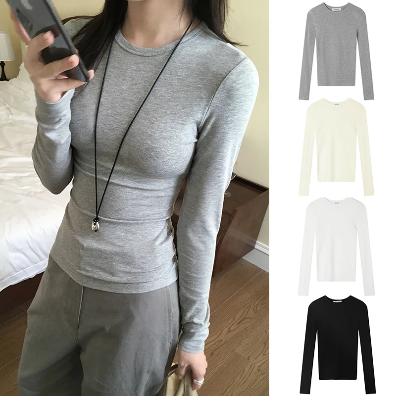 【优质版】Miss sumeyY1369棉高弹舒适长袖正肩圆领内搭打底衫t恤女