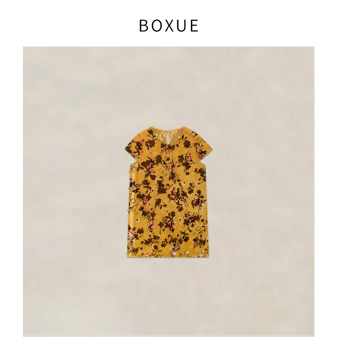 BOXUE”金蕊”2025夏季新款新中式植绒小花轻奢 T恤#250605T2843
