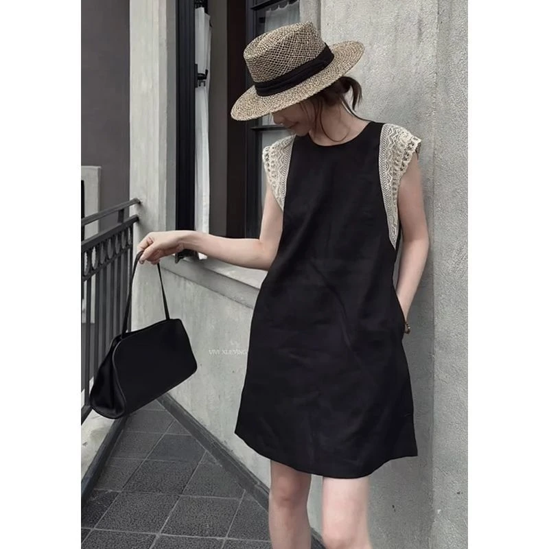 小个子拼接显瘦圆领无袖连衣裙2025夏季新款法式通勤休闲短裙潮
