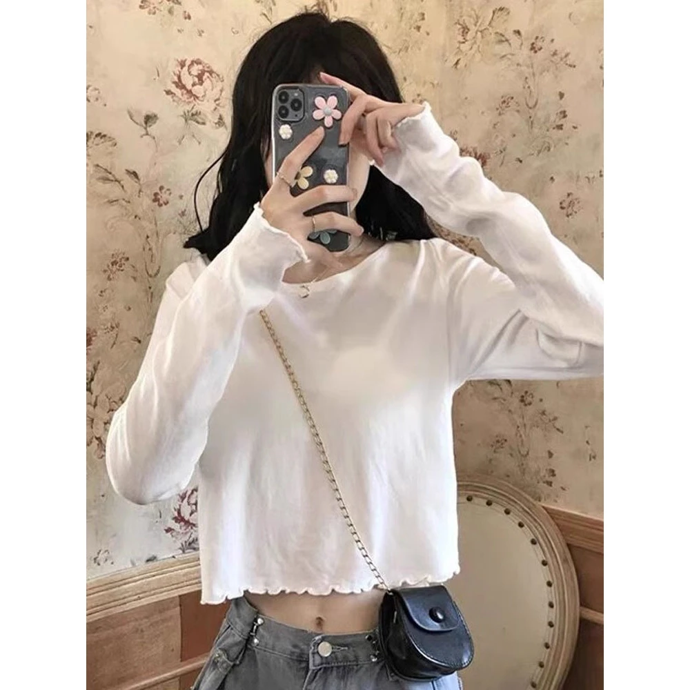 韩系chic秋季薄款显瘦短款上衣防晒衫白色宽松长袖T恤春秋女新款
