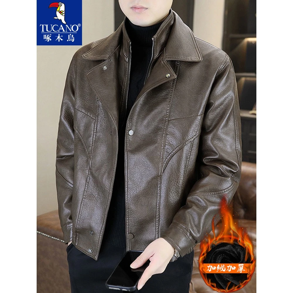 啄木鸟皮夹克外套男款潮流秋冬假两件加绒加厚机车防风高级感皮衣