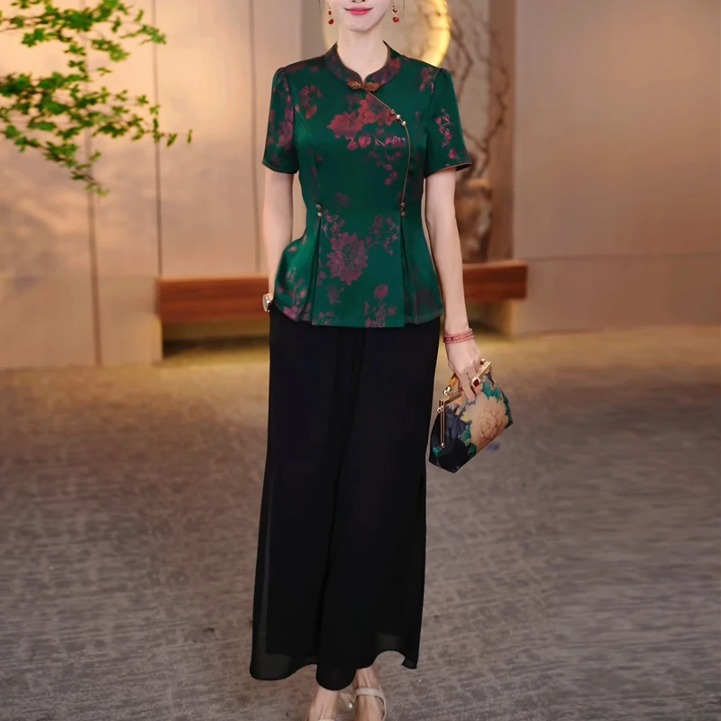 夏装两件套气质减龄时尚新款2025上衣+阔腿裤修身显瘦新中式套装