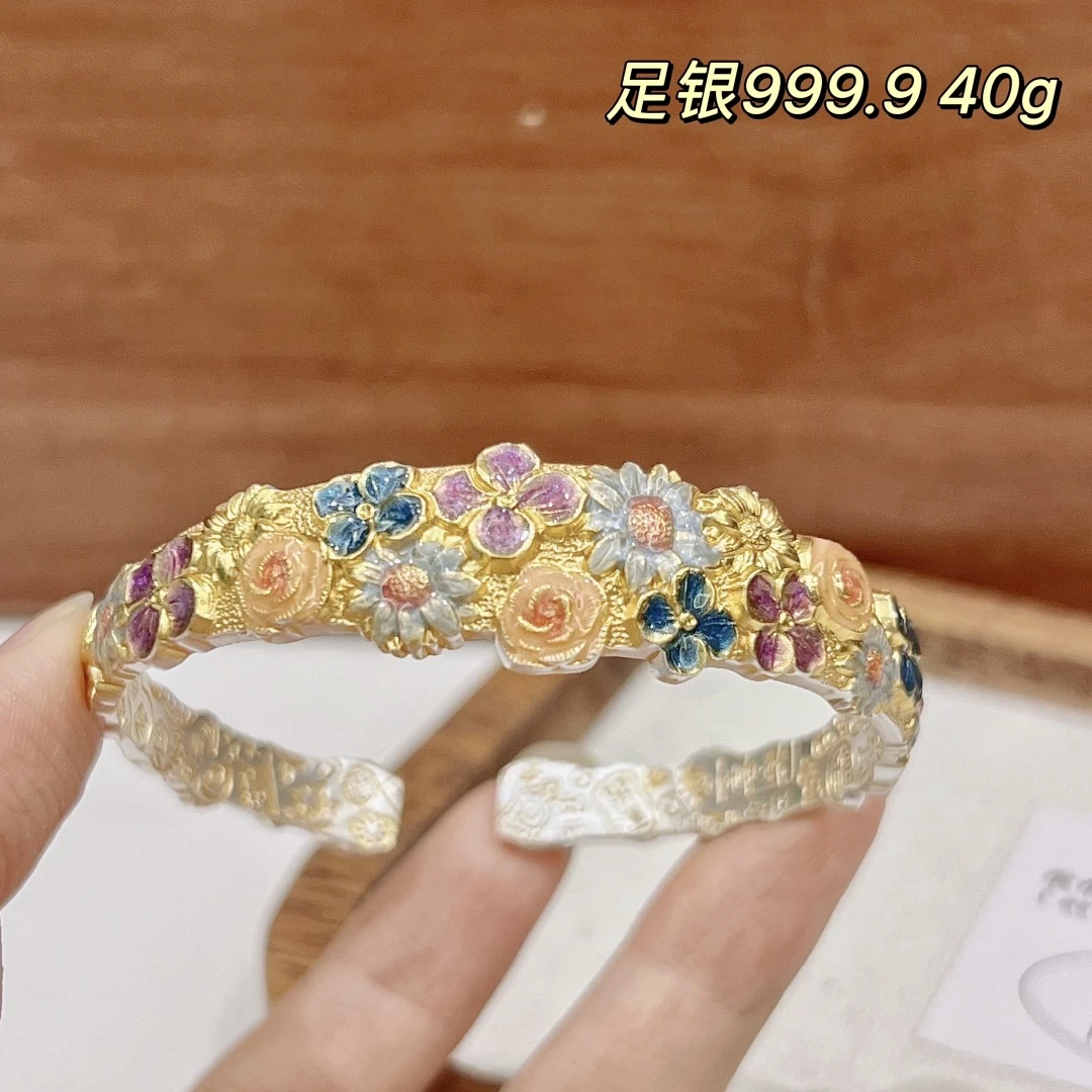 足银手镯 41克足银999.9国风珠光珐琅七彩繁花开口手镯