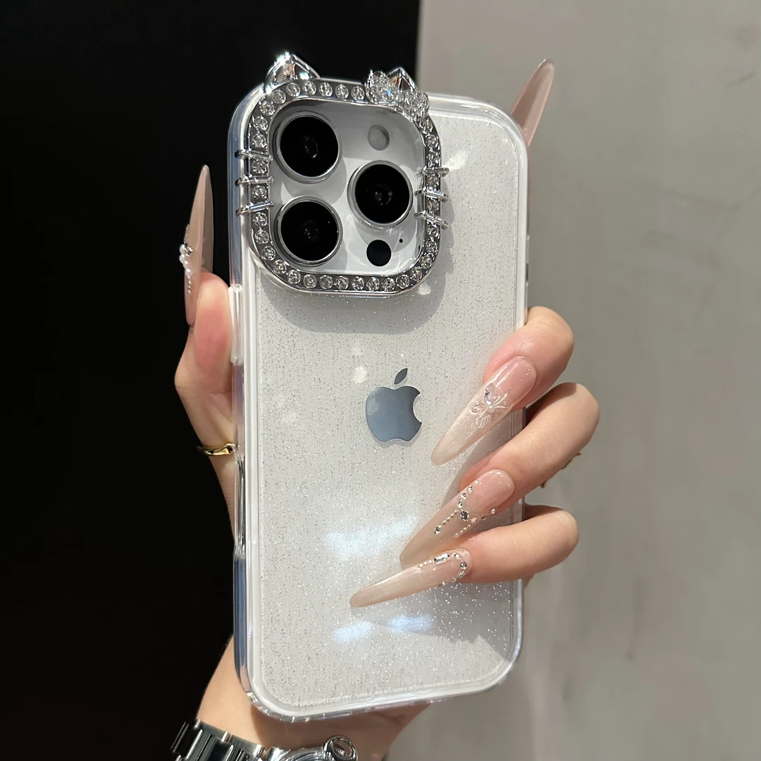 轻奢闪钻猫耳朵镜头适用于苹果17手机壳iPhone16promax防摔15潮14