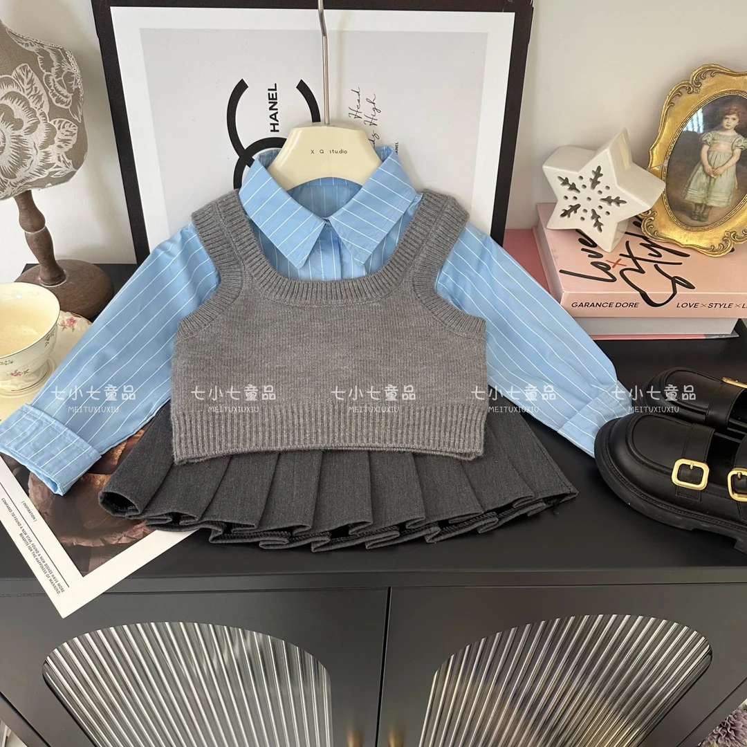 女童2025春季新款洋气学院风衬衫马甲➕百褶裙三件套 C23018