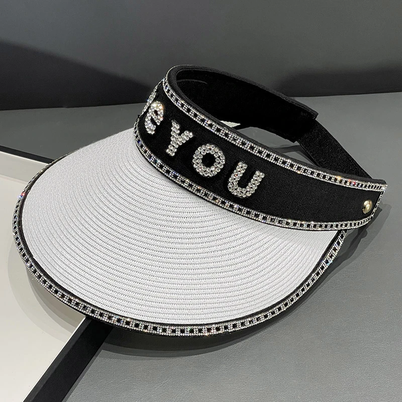 Miss both夏镶钻草编大檐防晒空顶帽子女款韩版百搭遮阳太阳帽潮