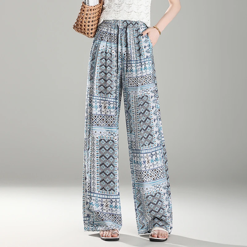 印花直筒阔腿裤女2025年夏季新款薄款宽松显瘦垂感冰丝凉凉休闲裤