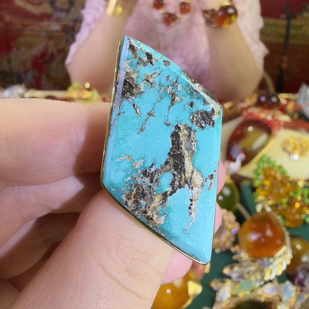 绿松石银S925镀金镶嵌戒指