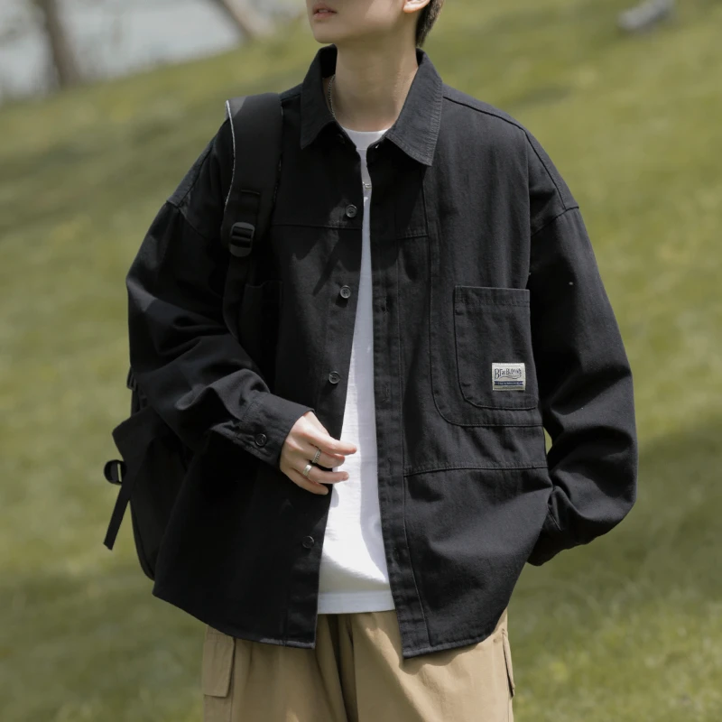 DeweLvum潮牌舒适复古纯棉衬衫外套男秋冬季新款简约长袖上衣男装