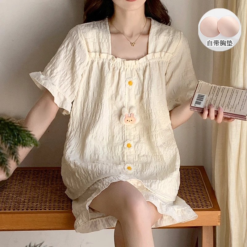 新款睡衣女夏季云朵棉带胸垫甜美公主风提花格家居服短袖短裤套装