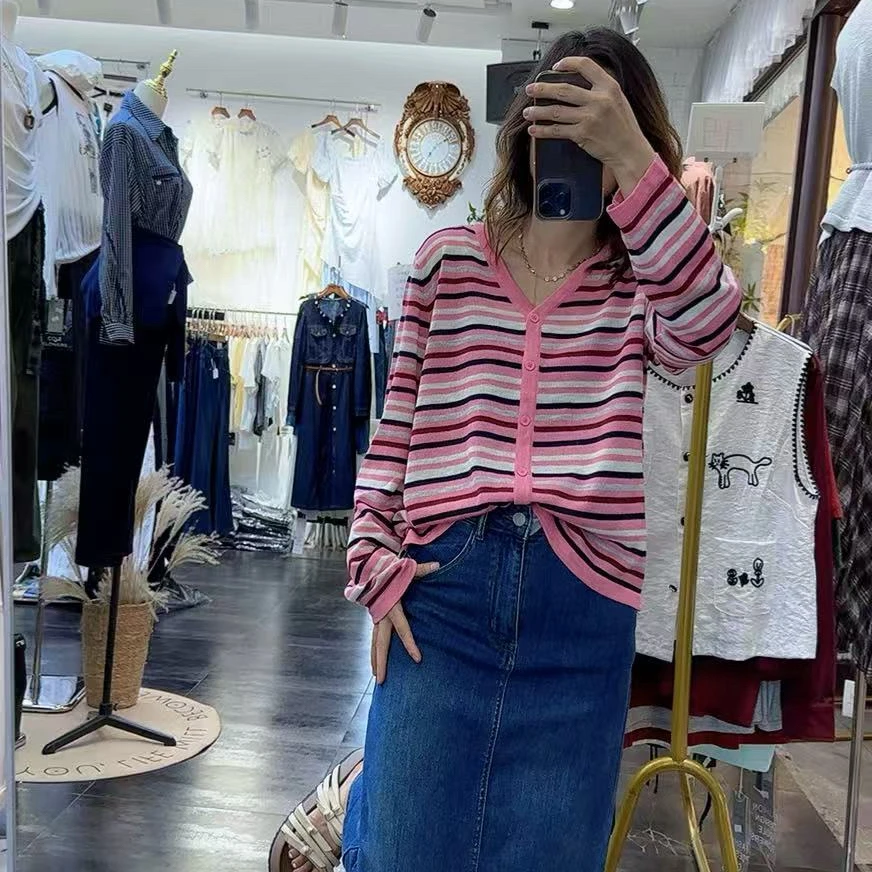 秋季新品韩版宽松条纹减龄甜美针织开衫女时尚百搭外搭通勤简约潮