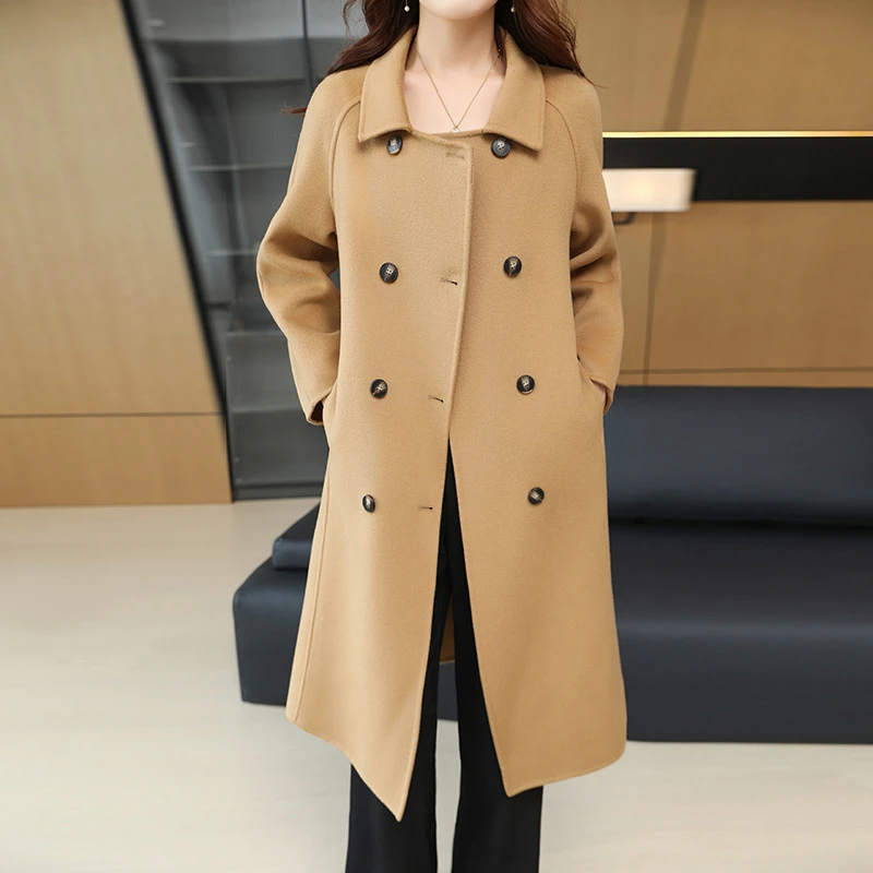 秋冬新款双面羊毛大衣女时尚加长款双排扣宽松时尚洋气质毛呢外套