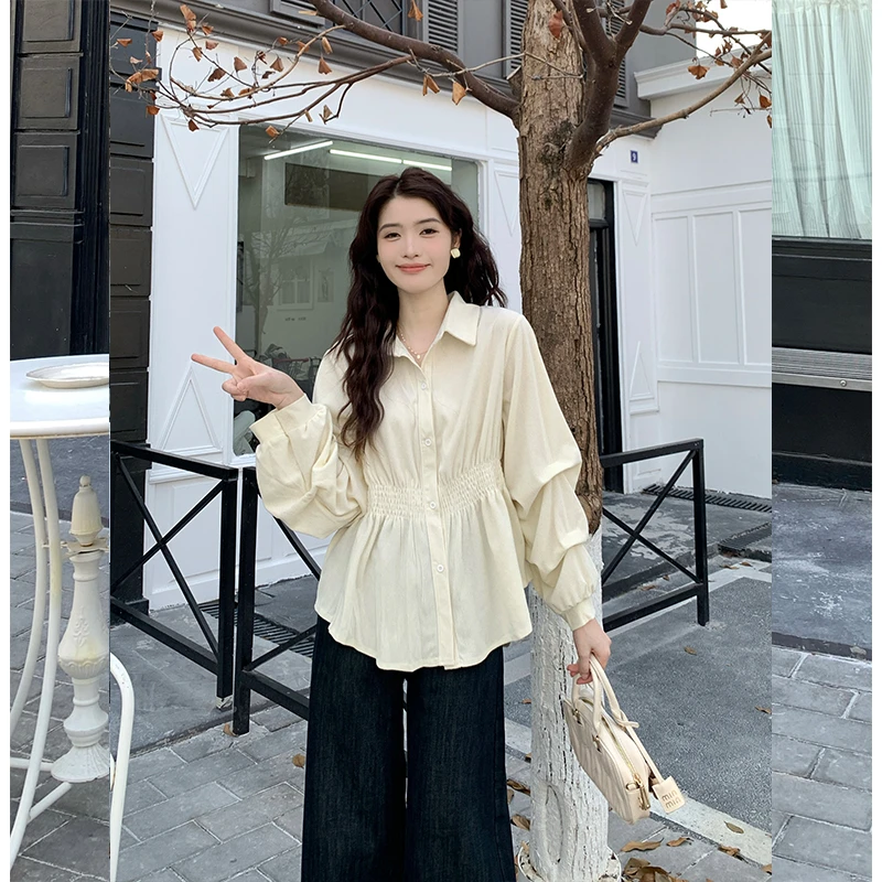 慕兔韩系经典翻领收腰衬衫女2024秋季新款高级感气质百搭显瘦上衣