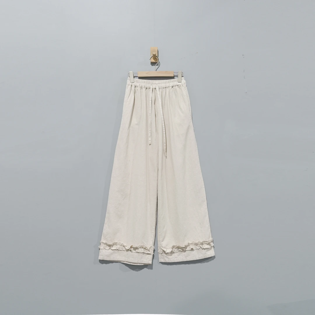【且听风吟】0213072文艺麻棉抽绳花边百搭阔腿裤 裤长96 臀围120
