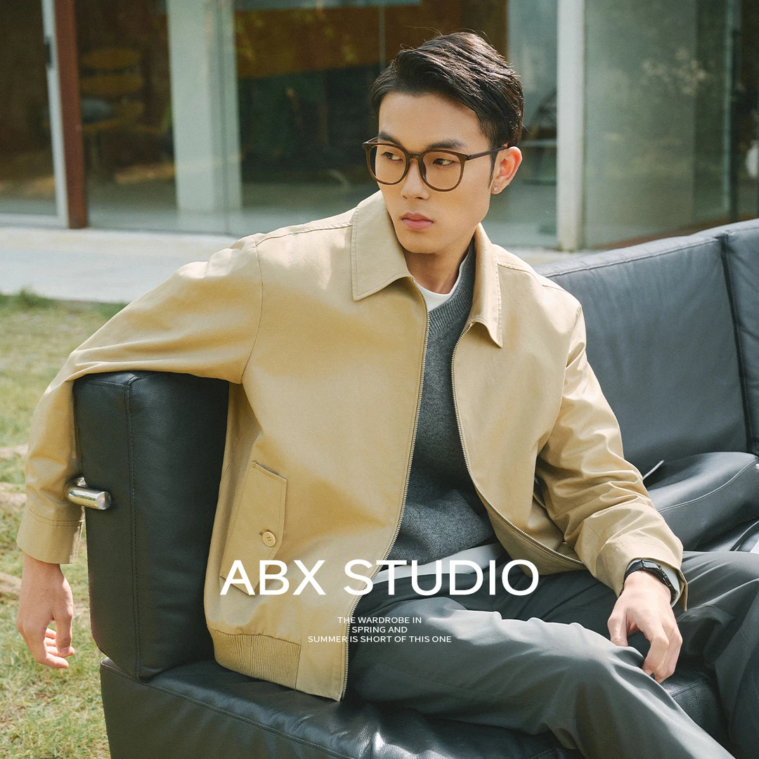 【高密精纺丝光棉混纺面料】春季经典宽松翻领哈灵顿夹克外套男