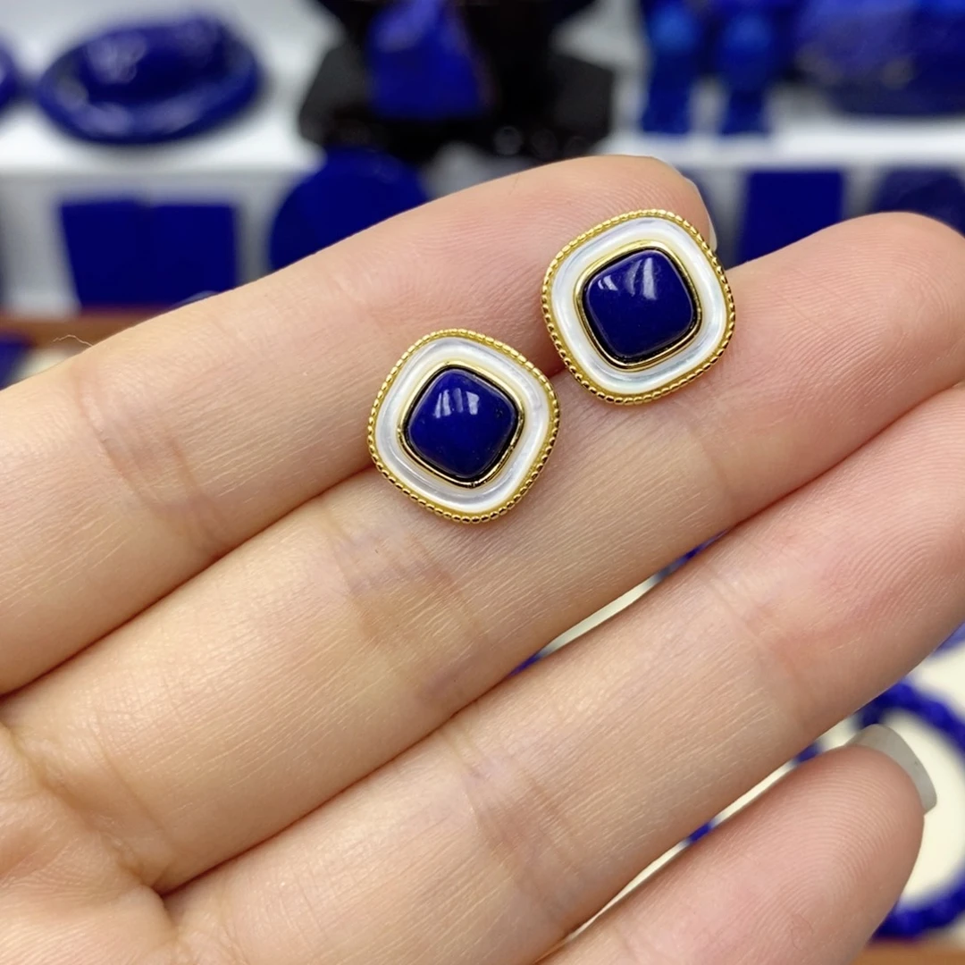 青金石耳饰银S925镀金镶嵌