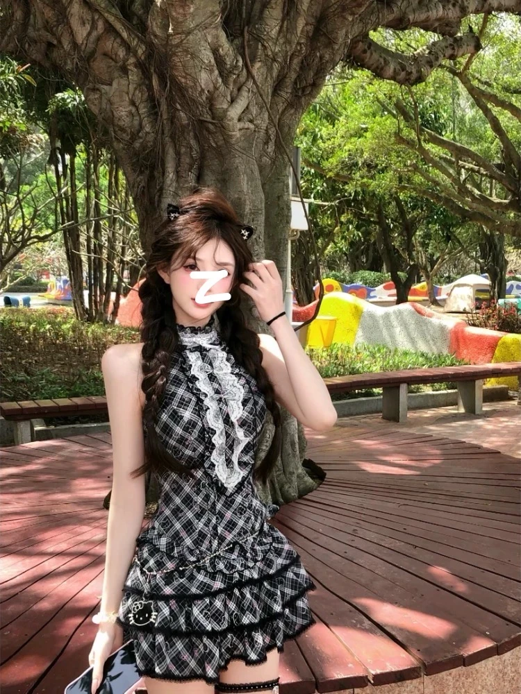 夏季修身显瘦纯欲风甜美小众格子印花无袖上衣+半身裙两件套装女